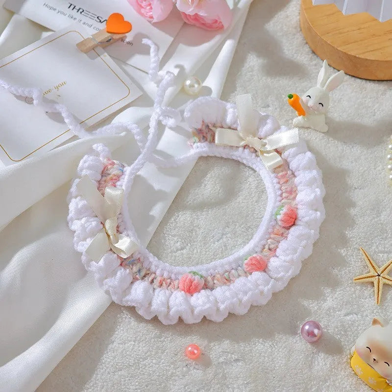 Handmade wool woven cat collar with embroidery for British Shorthair in pink bell bow colour