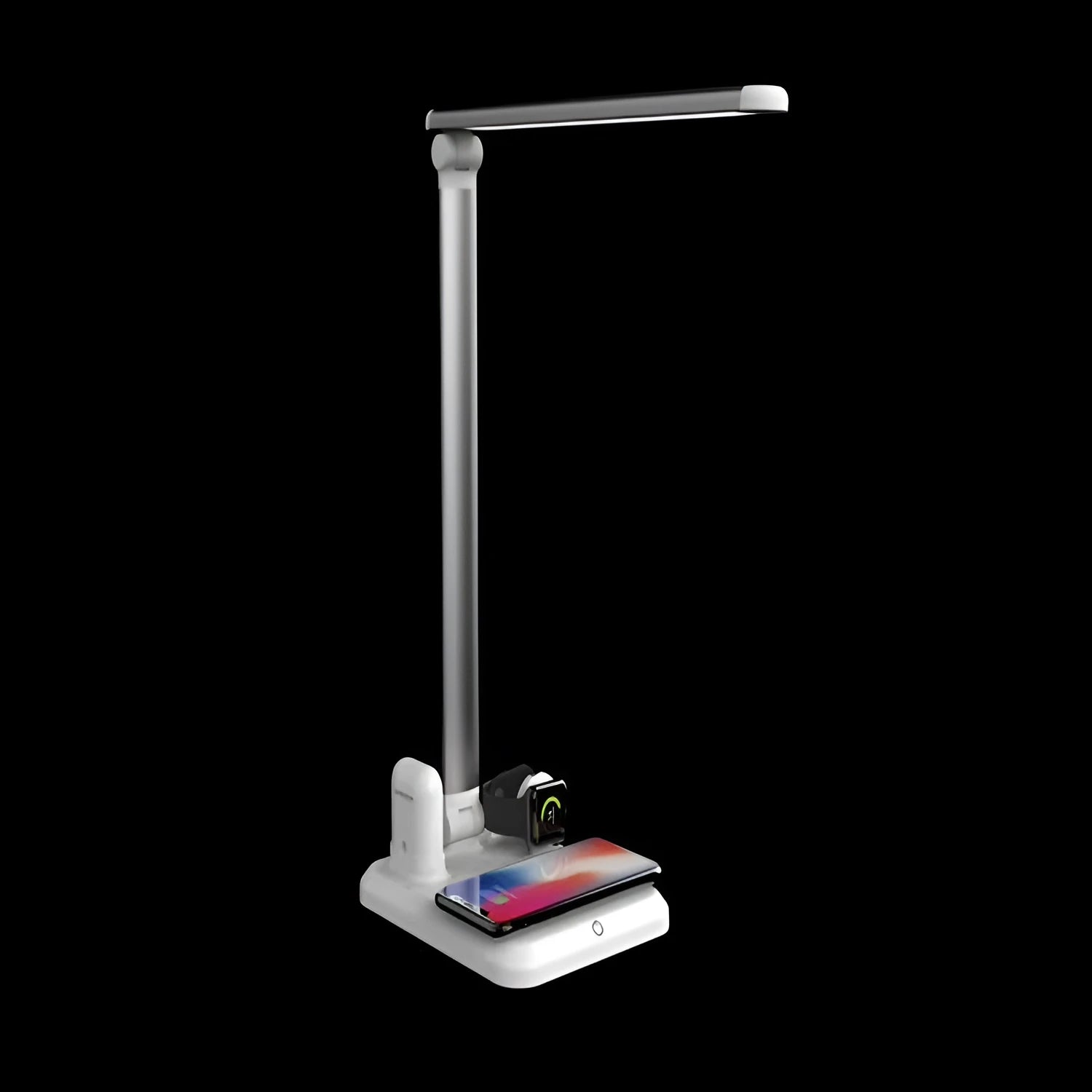 Black and white 4-in-1 LED desk lamp with integrated wireless phone charging pad visible on base