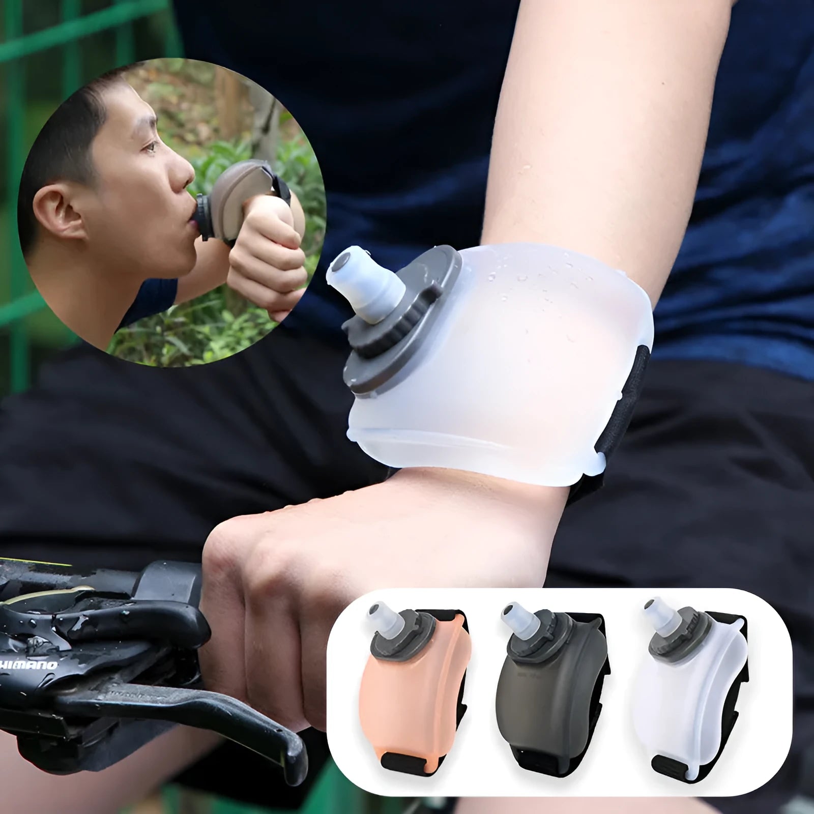 Orange silicone wrist water bottle with Velcro strap, shown worn on wrist for running.