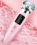 Pink LED cleansing and rejuvenating beauty instrument with facial brush, 185mm length handheld design
