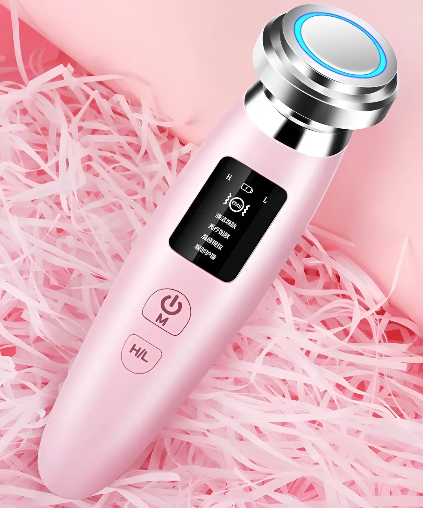 Pink LED cleansing and rejuvenating beauty instrument with facial brush, 185mm length handheld design