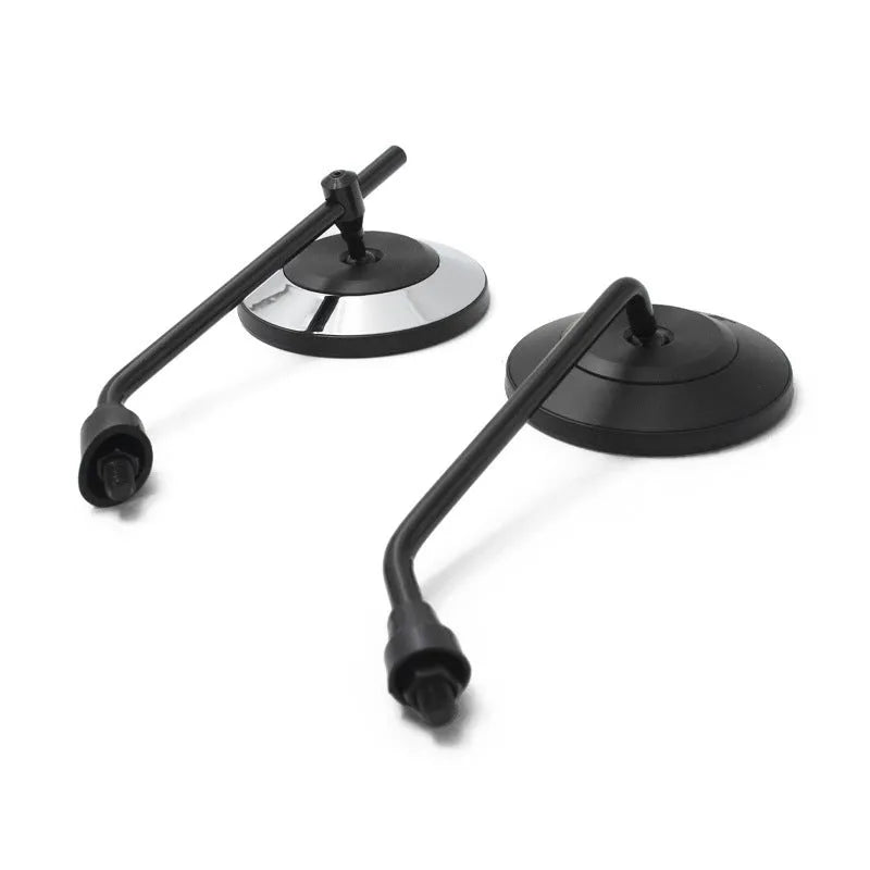 Retro motorcycle rearview mirror with ABS shell, 10mm thread, and adapter screws, in full black or silver black.