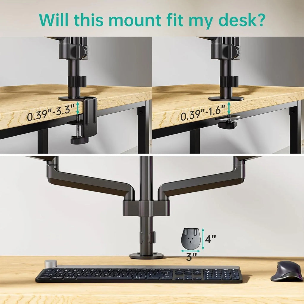 Black three-arm gas spring monitor mount holding 27-inch screen with 360-degree rotation capability