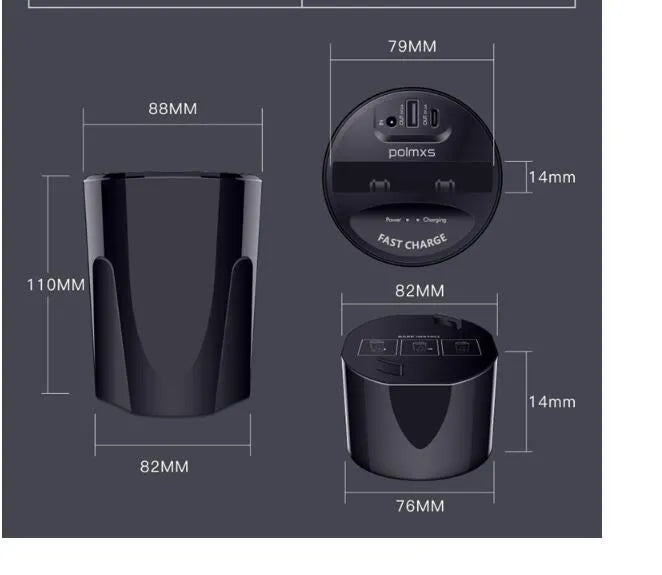 Black X9 car wireless charging cup and mount on a car dashboard with charging indicator light on.