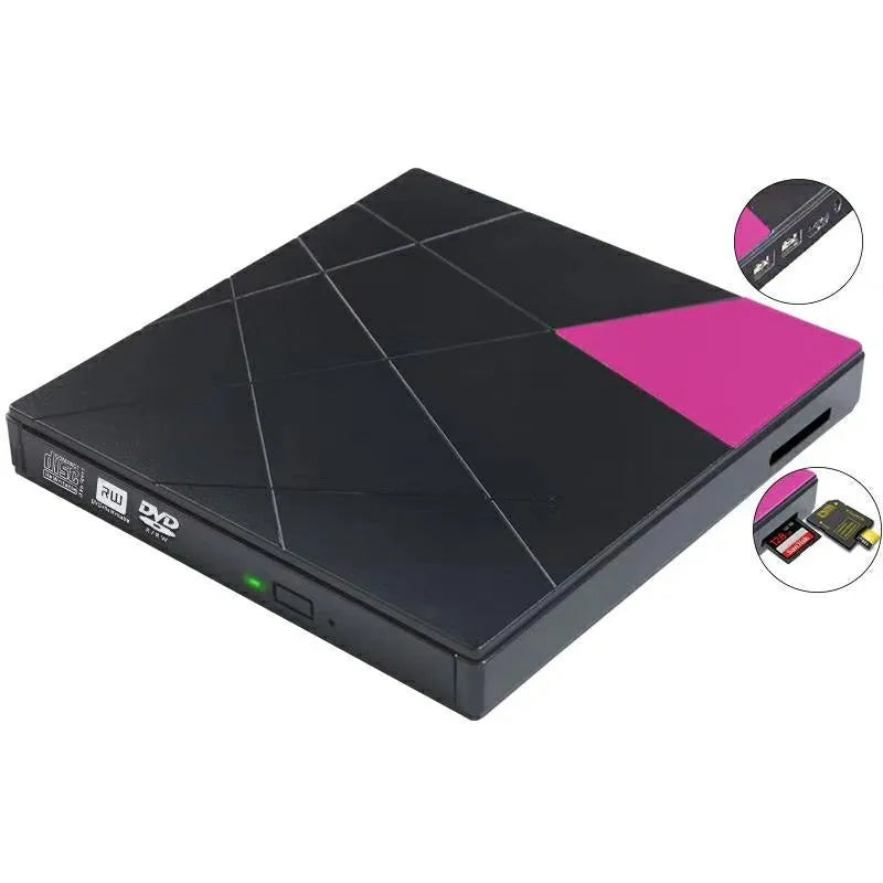 USB external DVD burner with card reader, 24x, 8MB cache, tray-loading, 152x142x20mm, rose-red or white