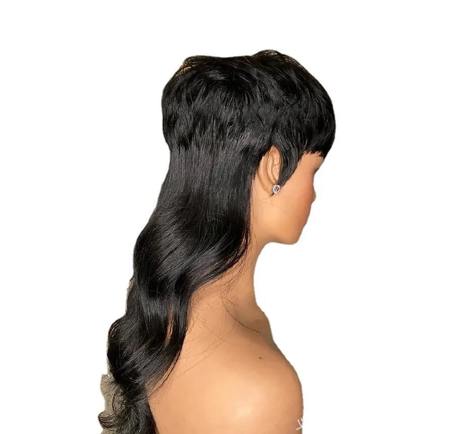 Black Brazilian wig with bangs, short at the front and long at the back.