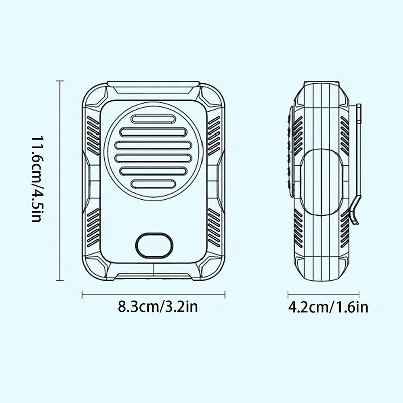 Green portable waist hanging fan with leafless design showing USB charging port and neck strap