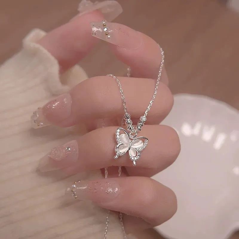 Women's square line opal butterfly necklace with adjustable silver chain and detailed pendant