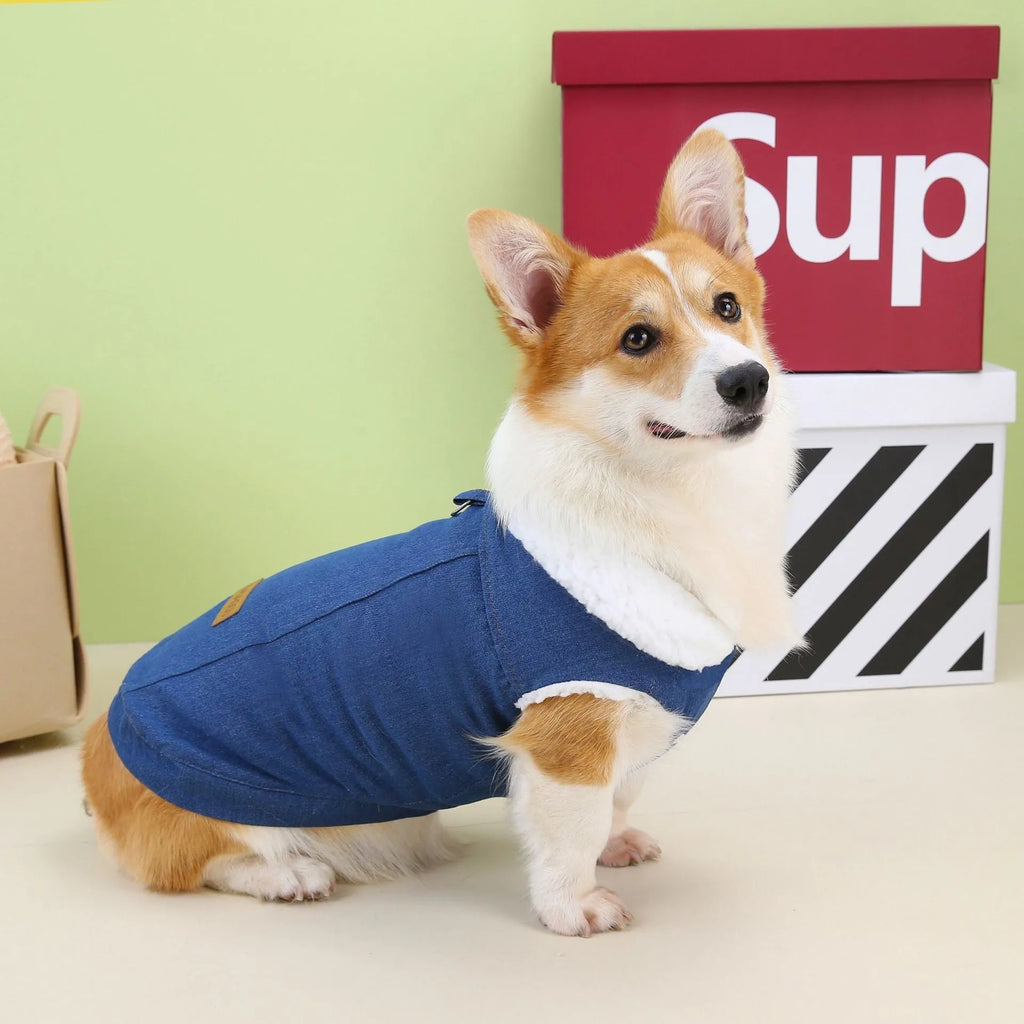 Blue denim cotton coat for a corgi dog, shown in dark and light blue colour options.