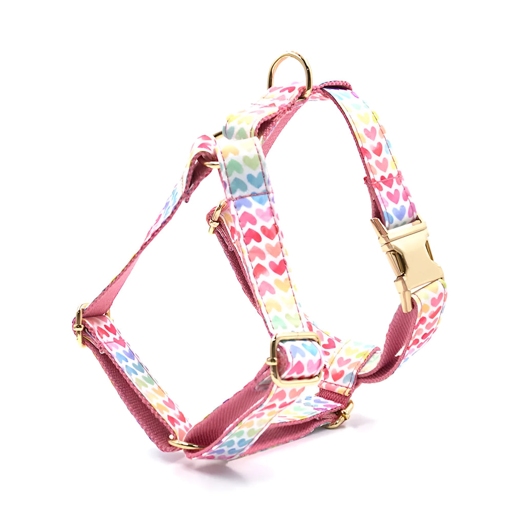 Pink colourful dog harness with heart-shaped stone details and a gold buckle on a white background.