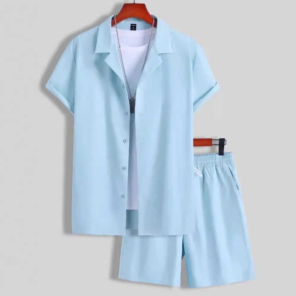 Men's light grey short sleeve Cuban collar shirt and matching shorts sport suit set