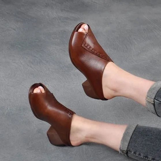 Women's black square heel peep-toe slippers with PU upper and rubber sole