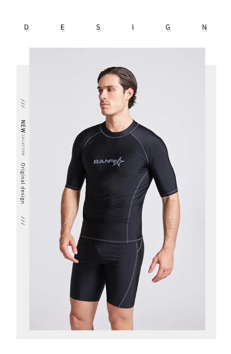 Men's blue quick-dry nylon two-piece swim set with half-sleeve top and swim pants laid flat