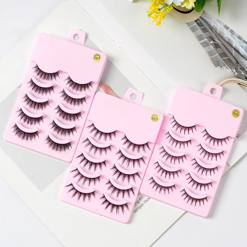 Pack of 5 pairs of black manga false eyelashes in three natural wispy styles 007, 008, 009 for cosplay.