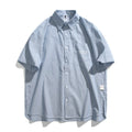 Blue striped short-sleeved overall shirt in loose cardigan style for men and women
