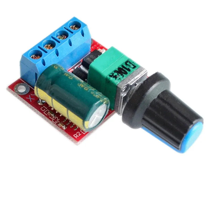 PWM DC motor governor with potentiometer knob for speed control, measuring 30mm × 26mm × 14mm