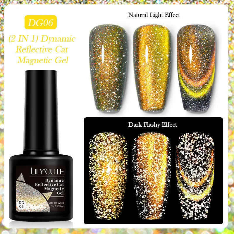 Diamond In The Debris Cat Eye Series nail polish gel bottles showing magnetic cat eye effect with glitter and fragments
