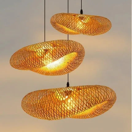 Bamboo hanging lamp with straw hat design showing woven natural bamboo construction and three size options