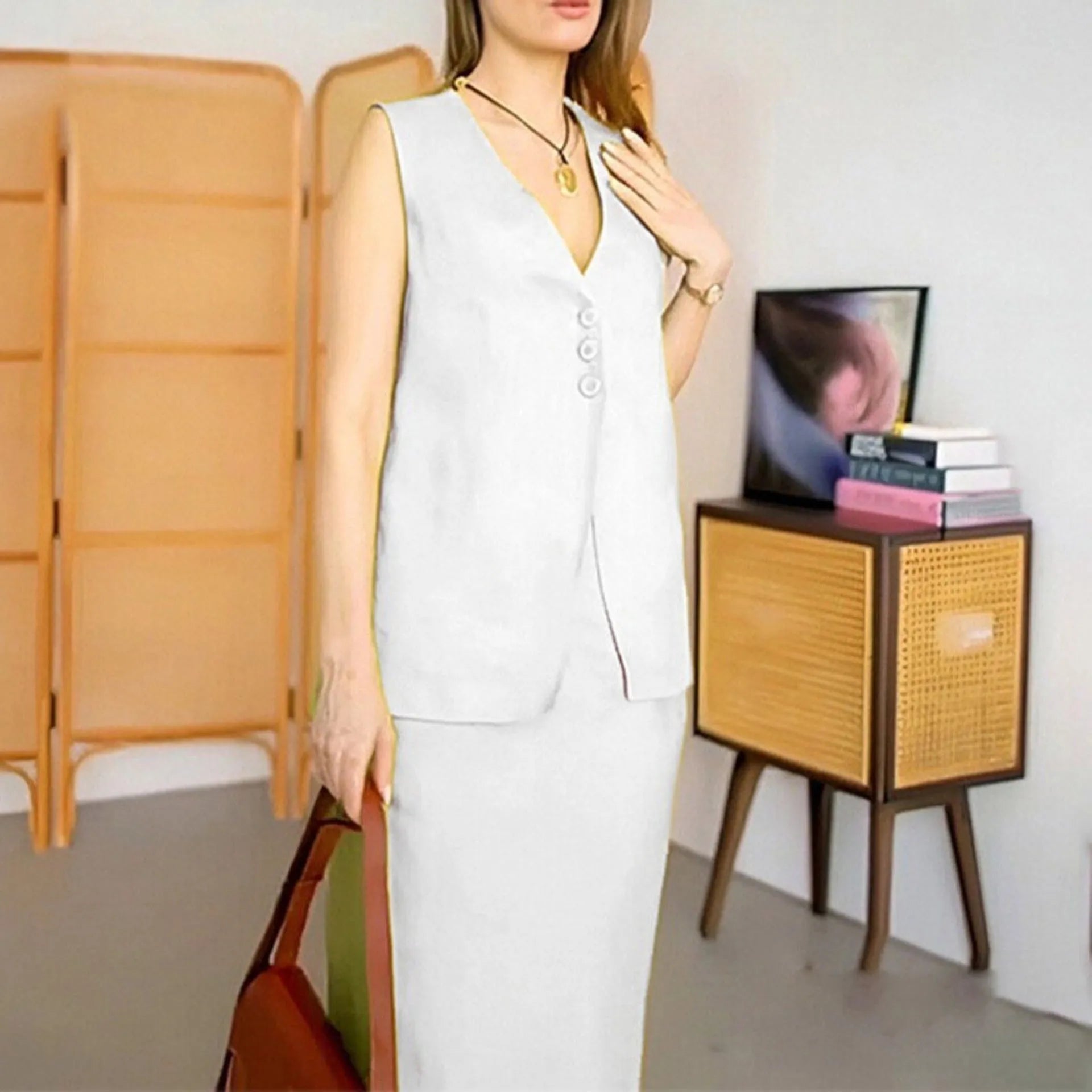 Casual loose top long skirt two-piece suit in blue, featuring a sleeveless vest and long skirt made from polyester fabric.