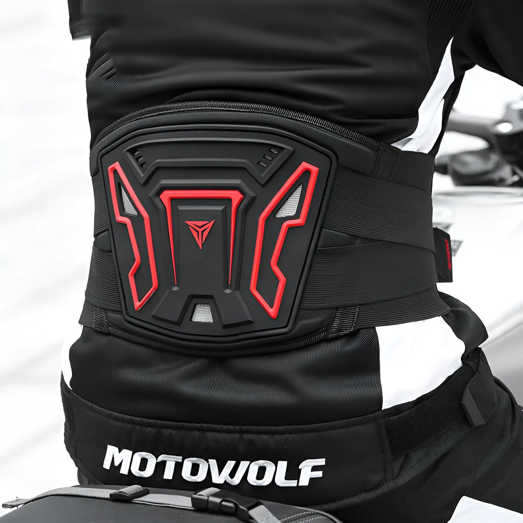 MDL1028 black and red motorcycle waist support harness for long-distance riding.