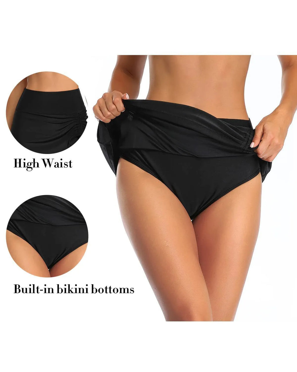 Women's solid colour lace-trim polyester swimming trunks shown in wine red, rose red, grey, black, and navy blue.