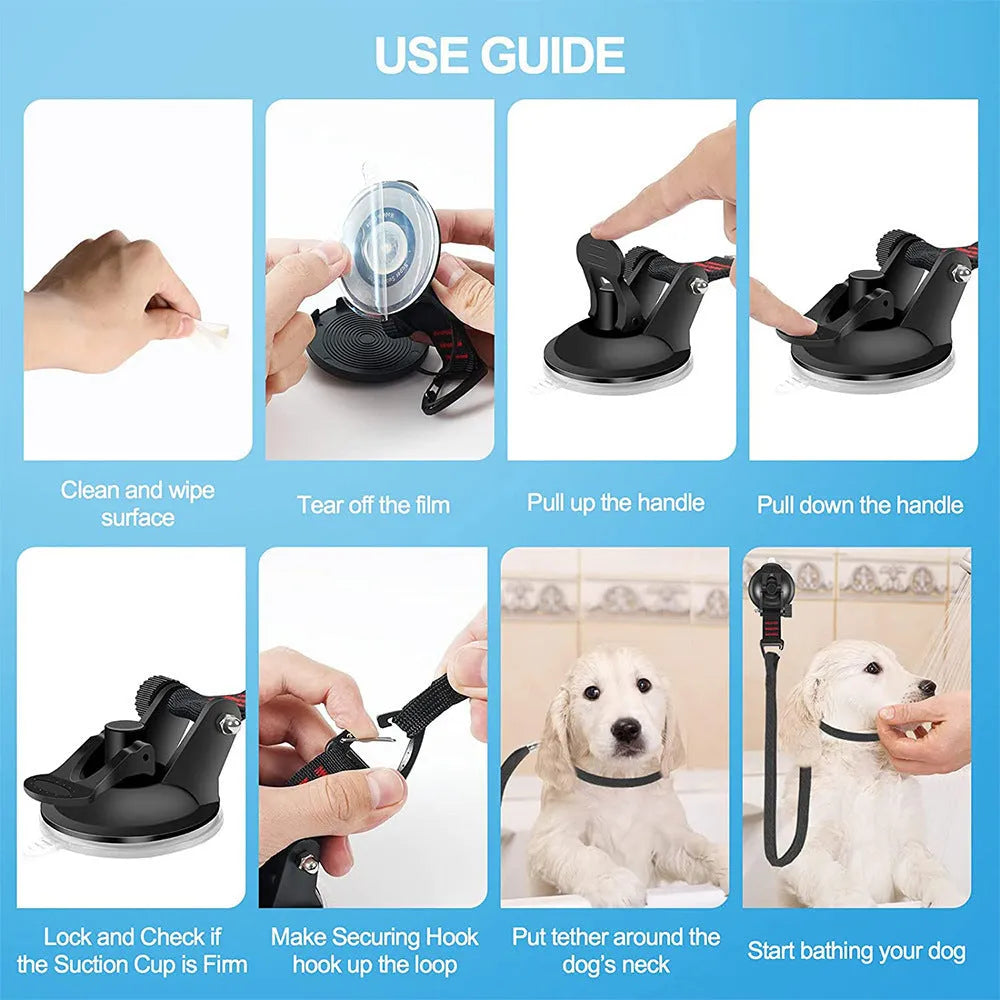 Pet bathing fixed artifact with suction cups, traction rope, and handcuffs for securing pets during washing