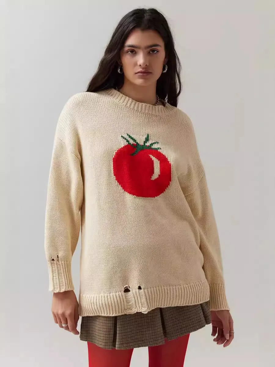 Women's acrylic jacquard pullover sweater in milky white with round neck and long sleeves, showing loose fit and textured pattern