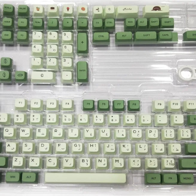 124 Matcha green PBT keycaps with white dye-sublimated legends, arranged in a keyboard layout.