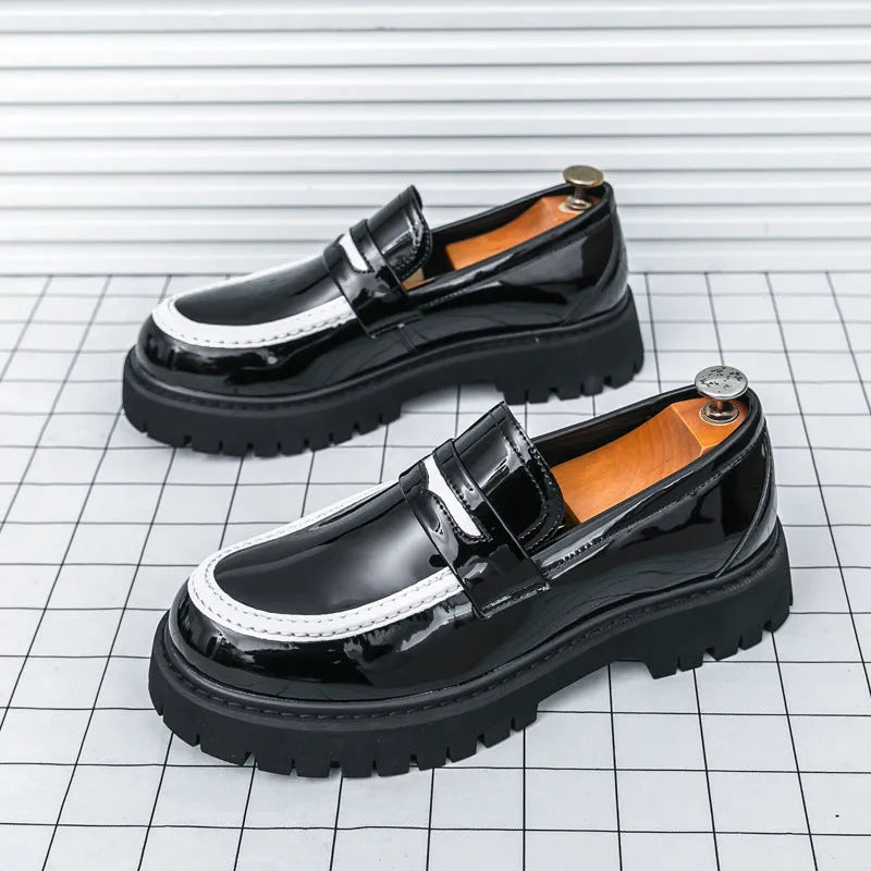 Men's chunky platform leather shoes in black with PU upper, rubber sole, round toe, low tube, sizes 38-46