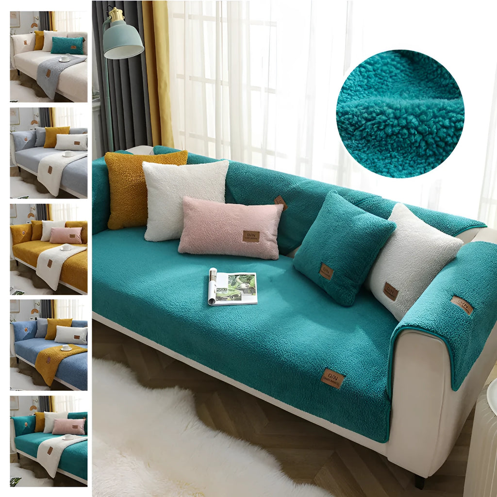 Beige plush sofa cover with anti-slip backing draped over a living room sofa cushion.
