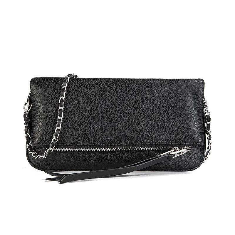 Women's black shoulder messenger bag with chain detailing and organised interior compartments
