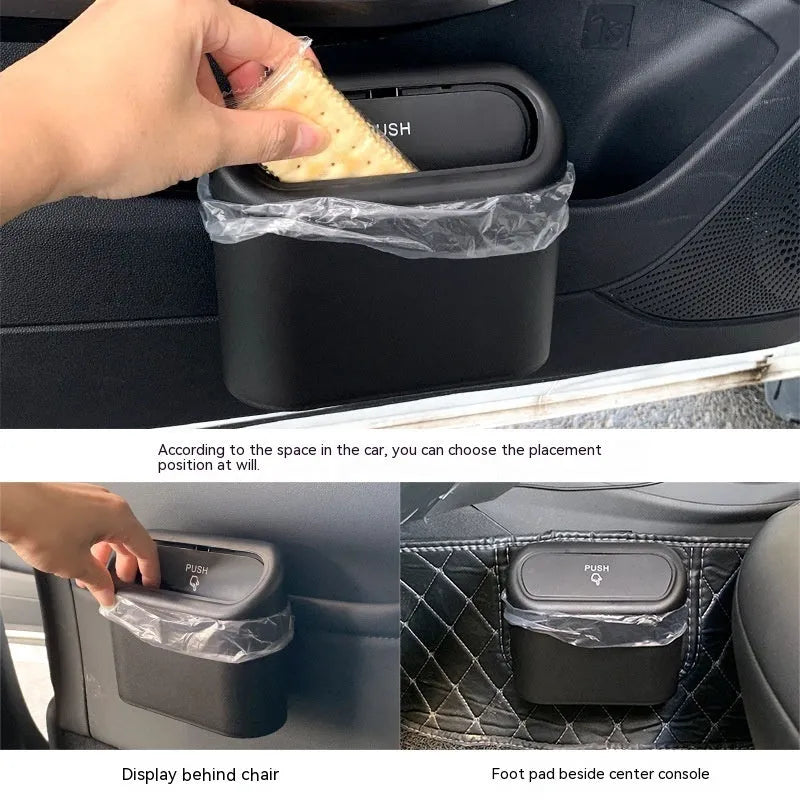 Black folding plastic trash can mounted on a car seat