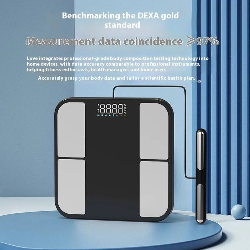 Black electronic weighing scale with 30x30 cm tempered glass platform and colour screen displaying body composition data
