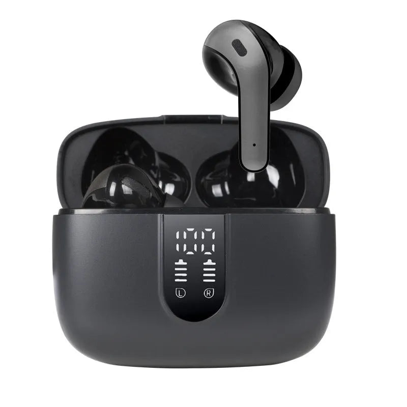Jerry X08 black in-ear wireless headphones with digital display charging case and USB cable