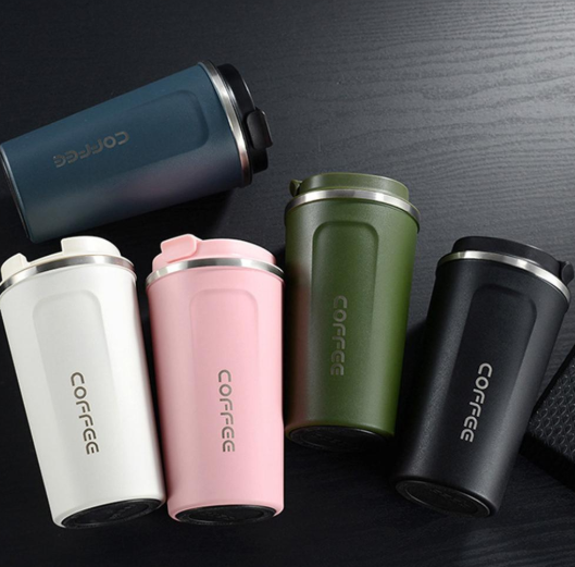Stainless steel thermal vacuum coffee mug with double-layer insulation maintains drink temperature for hours, available in 380ml and 510ml capacities with five colour options