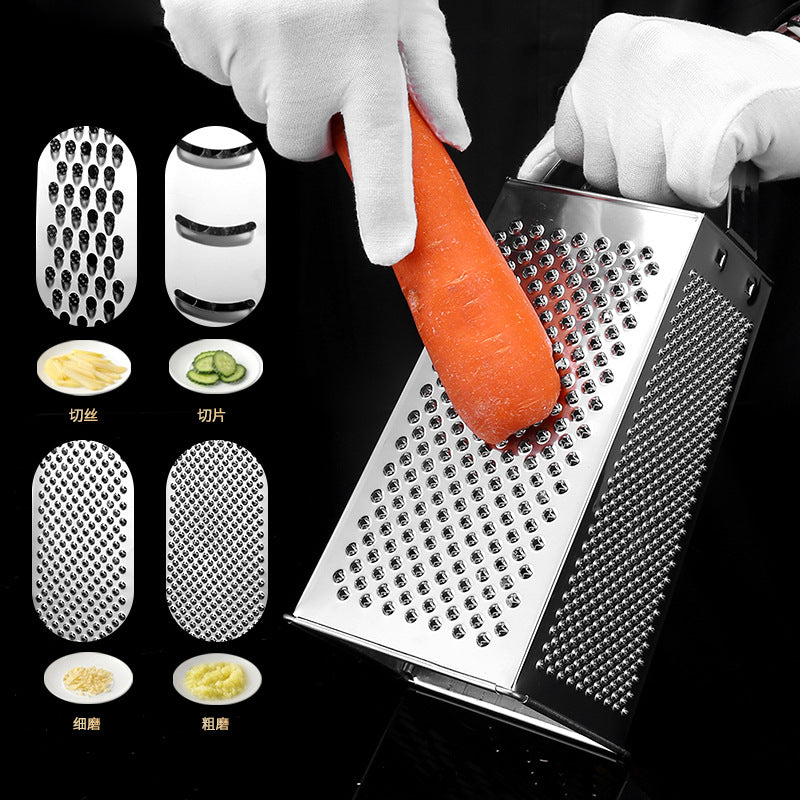Stainless steel vertical grater with multifunctional design featuring interchangeable cylindrical and flat handles for secure grip during food preparation tasks