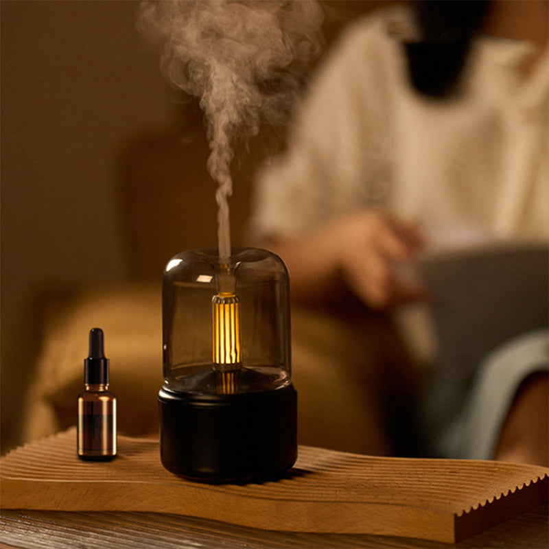 USB-powered aromatherapy diffuser with flickering candle simulation, operating below 36dB noise level for quiet spaces up to 10 square metres with 120ml water capacity
