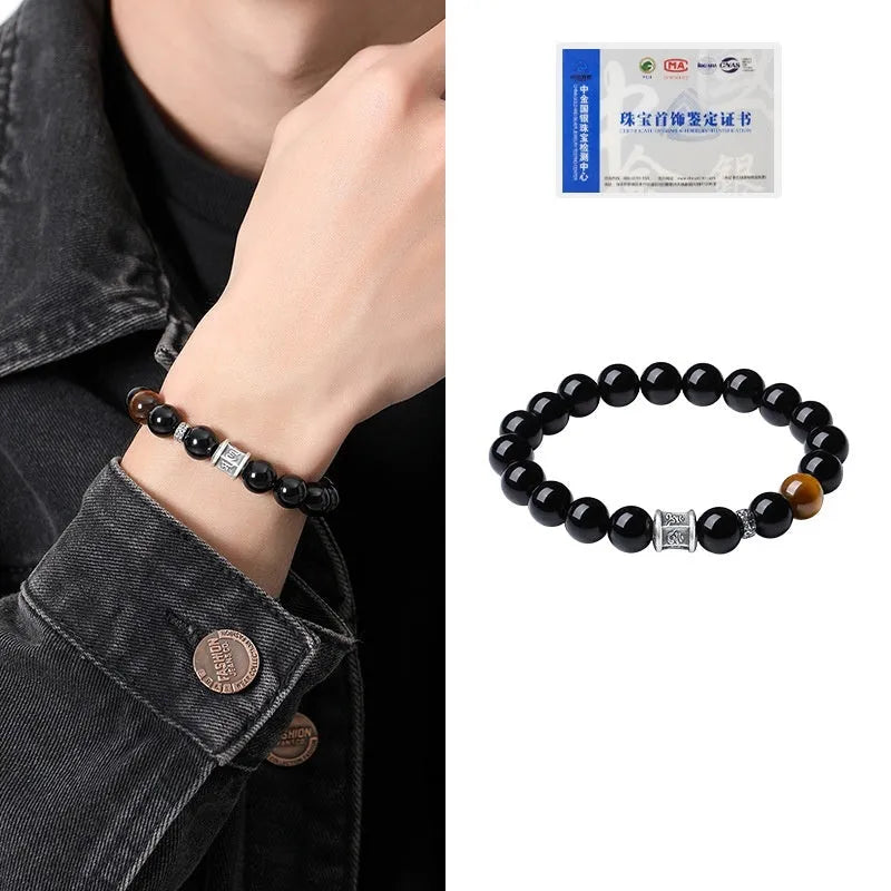 Hand-woven pure silver obsidian bracelet with Tibetan prayer wheel and 10mm beads