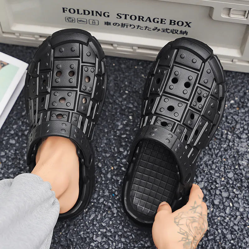 Men's black EVA slippers with thick textured non-slip sole and heel holder design