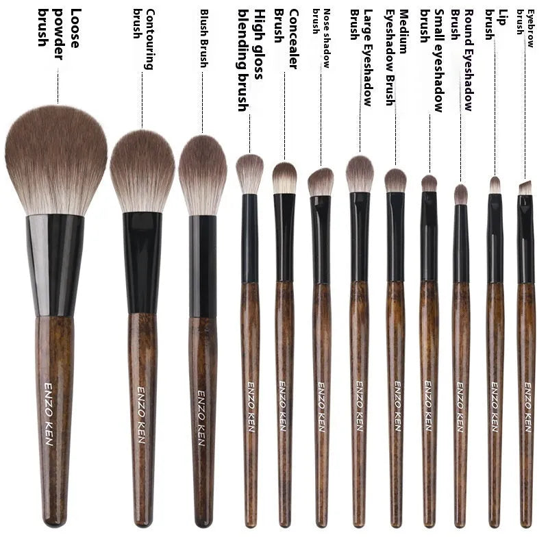 12-piece makeup brush set with wooden handles and PU travel bag for organised storage