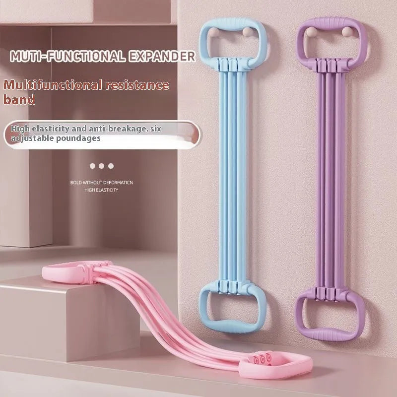 Women using adjustable chest expander with open shoulder design and 6-gear resistance