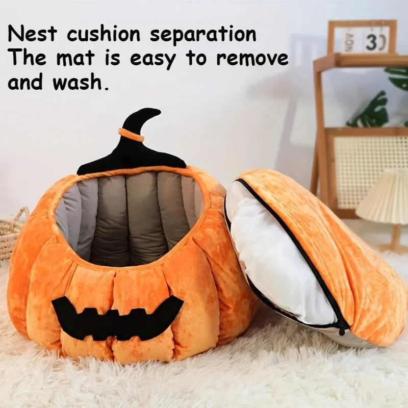 Halloween-themed cat bed with cartoon devil pumpkin design in soft plush material for small pets