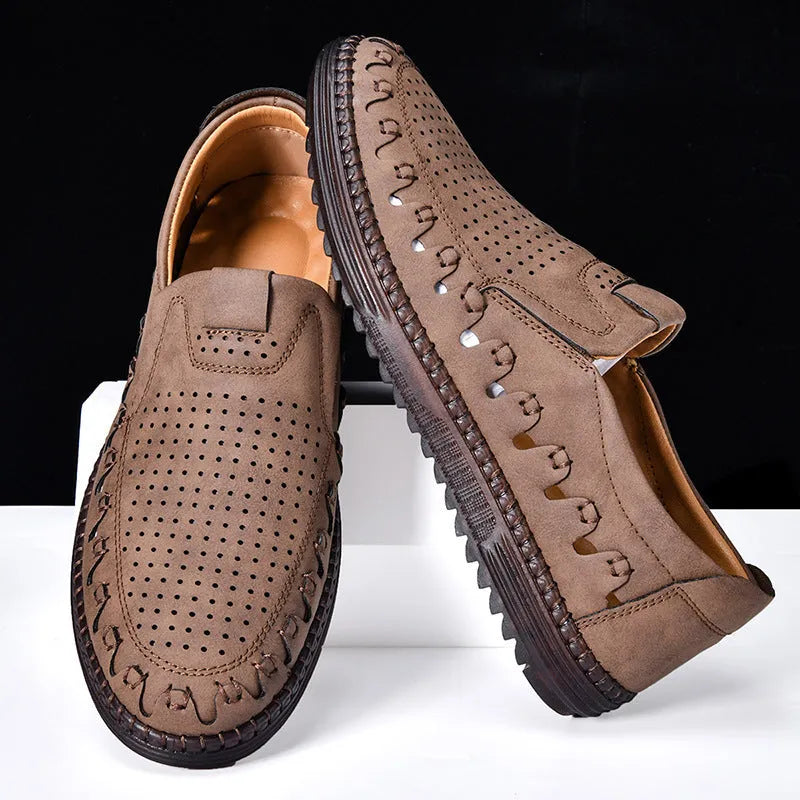 Men's brown slip-on leather shoes with round toe, low-top design, and hollowed-out details on artificial PU upper