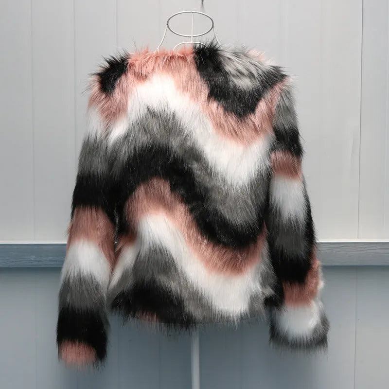 Korean style women's artificial fur short coat with O-neck and regular sleeves in picture colour