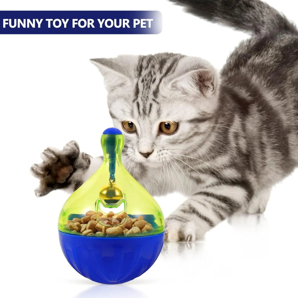 Tumbler-shaped pet treat dispenser ball for dogs and cats measuring 14x10x10cm