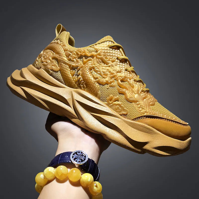 Men's casual fly knit sneakers in a Chinese dragon colour design on a rubber sole.
