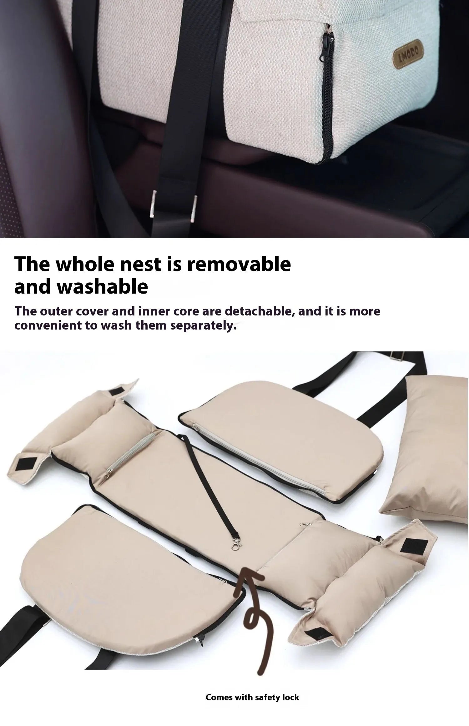 Beige and white polyester pet car nest and bed for small dogs, shown with dimensions 23x20x40cm.