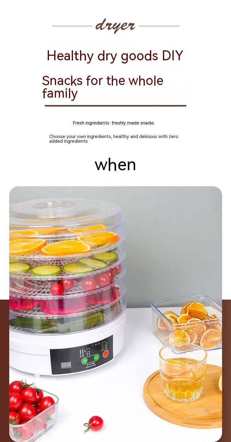 Five-layer food dehydrator with mesh drying trays and temperature control dial for home food preservation