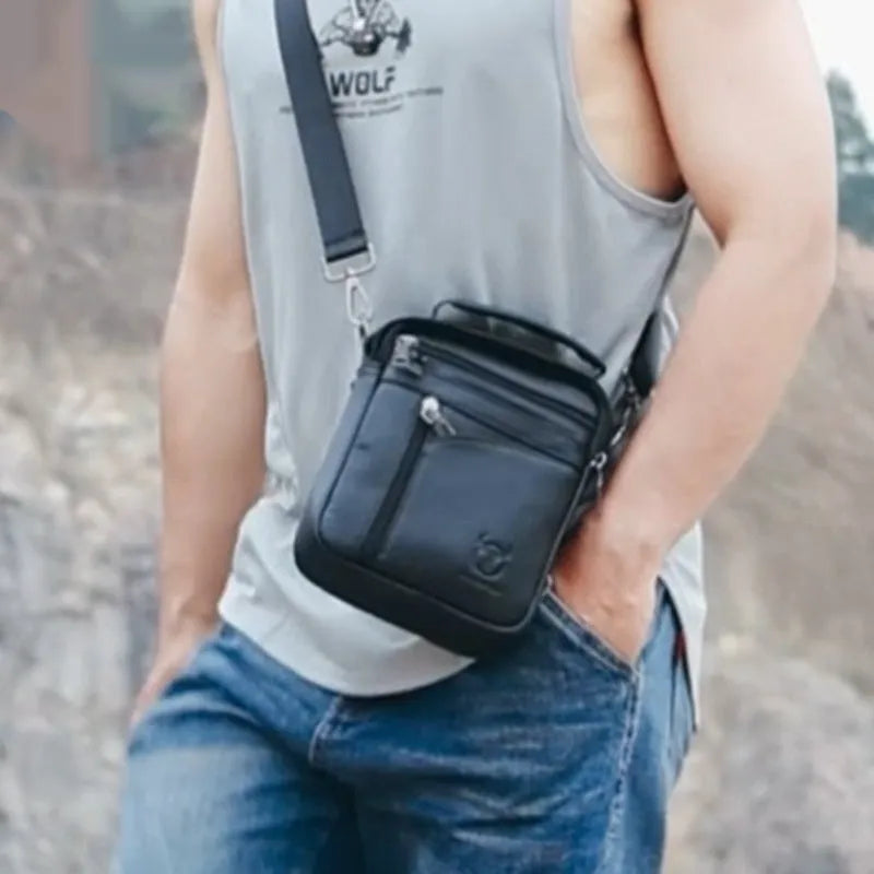 Men's black genuine leather retro shoulder messenger bag shown from the front.