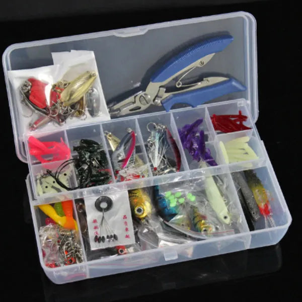 132-piece fishing lure set with rose red soft baits and high-carbon steel hooks in compact 21cm case